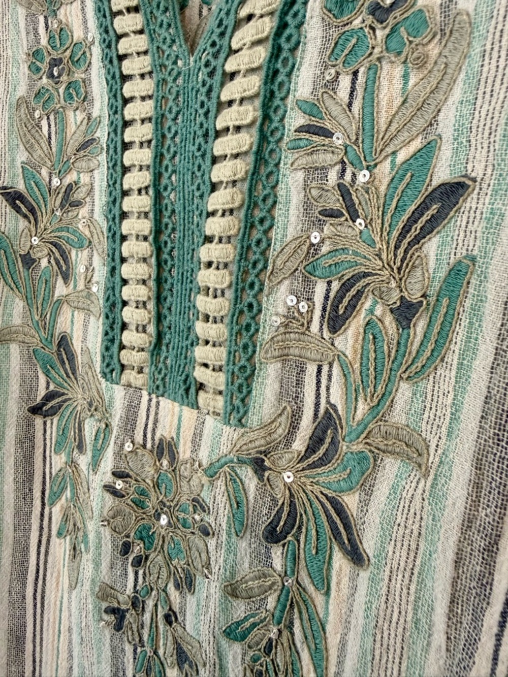 Soft Surroundings Teal, Light Gray & White Striped Embroidered Tunic - Picture 4 of 11